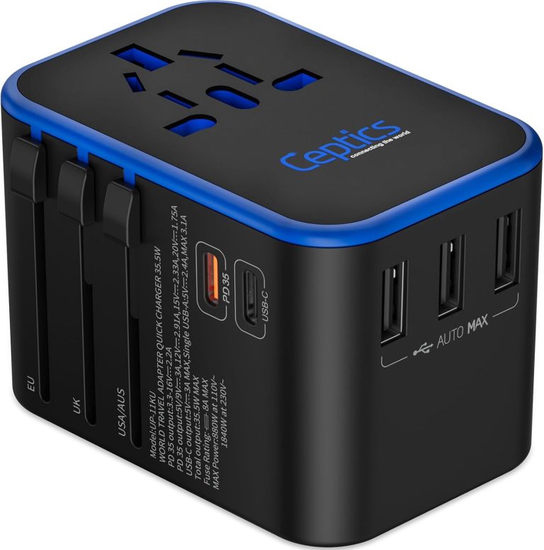 Ceptics World International Travel Plug Adapter – Powerful 33.5W with Pd & QC 3.0 Dual USB-C Power – 3 USB Ports Wall Charger Type I C G A Outlets 110V 220V A/C – EU Euro US UK (11-KU)