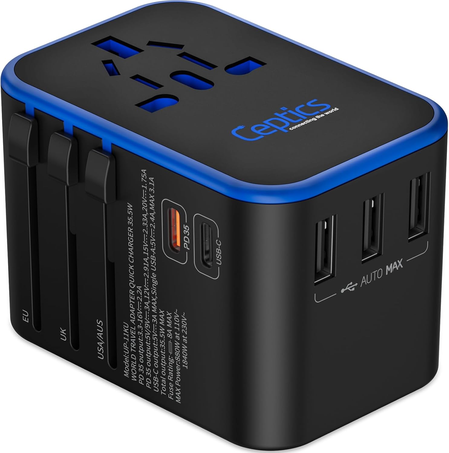 Ceptics World International Travel Plug Adapter – Powerful 33.5W with Pd & QC 3.0 Dual USB-C Power – 3 USB Ports Wall Charger Type I C G A Outlets 110V 220V A/C – EU Euro US UK (11-KU)