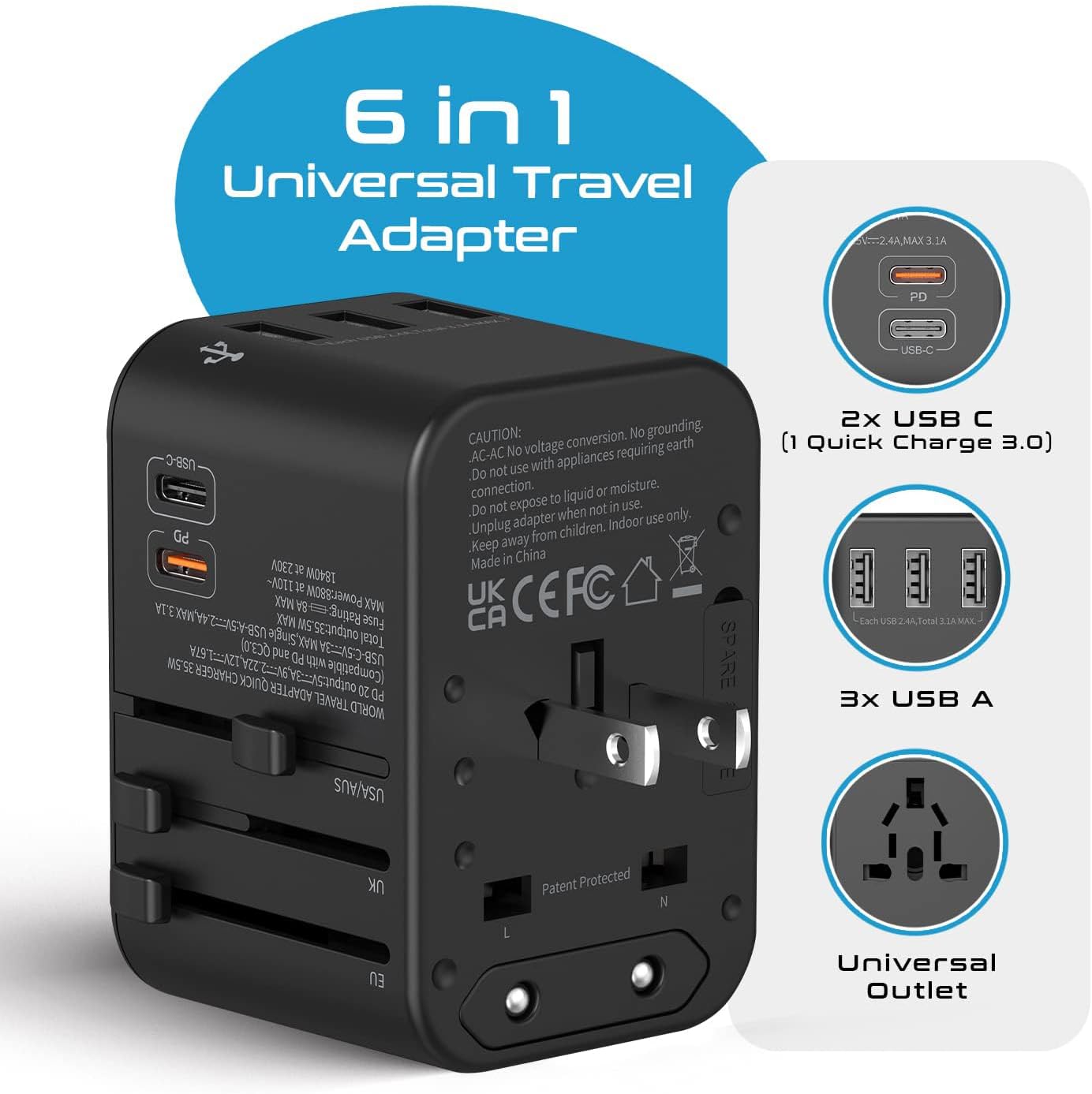 Ceptics World International Travel Plug Adapter – Powerful 33.5W with Pd & QC 3.0 Dual USB-C Power – 3 USB Ports Wall Charger Type I C G A Outlets 110V 220V A/C – EU Euro US UK (11-KU)