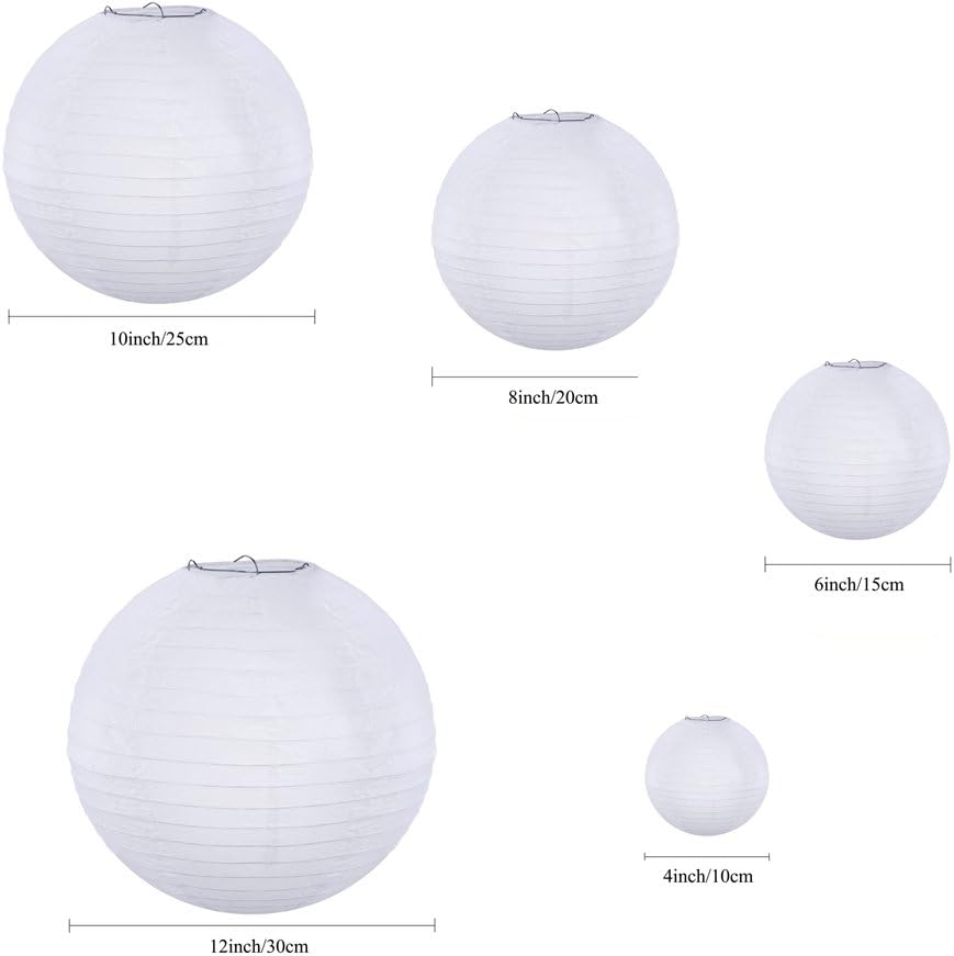 Supla 20 Pack Chinese White Paper Lantern Hanging Paper Lanterns White Round Paper Lanterns 4” 6” 8” 10” 12” White Hanging Lanterns Wedding Party Decorations