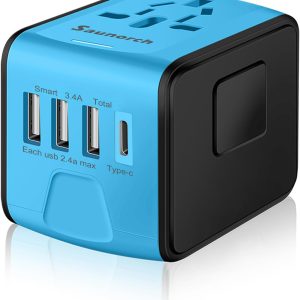 Travel Adapter Worldwide, Universal International Power Plug Adapter W/2.4A 3xUSB-A and 3.0A Type-C Wall Charger, European Travel Plug Adapter for Europe UK EU US CA AU Italy Asia-Blue