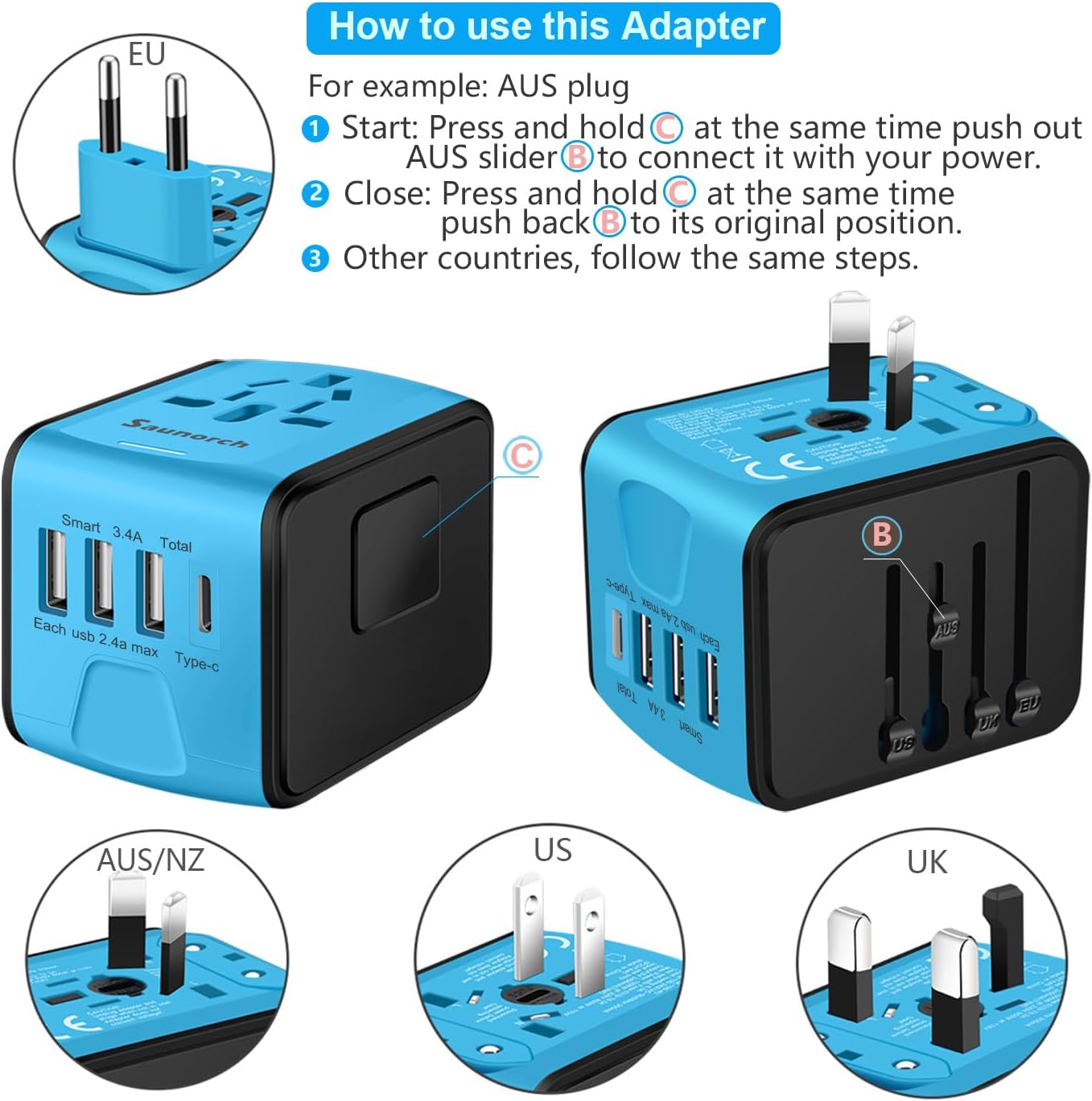Travel Adapter Worldwide, Universal International Power Plug Adapter W/2.4A 3xUSB-A and 3.0A Type-C Wall Charger, European Travel Plug Adapter for Europe UK EU US CA AU Italy Asia-Blue - Image 5